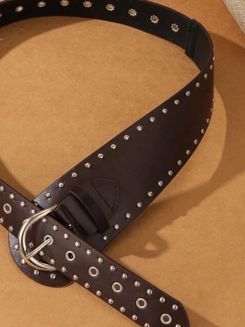 Brown Studded Wide Leather Belt with Antique Silver Buckle